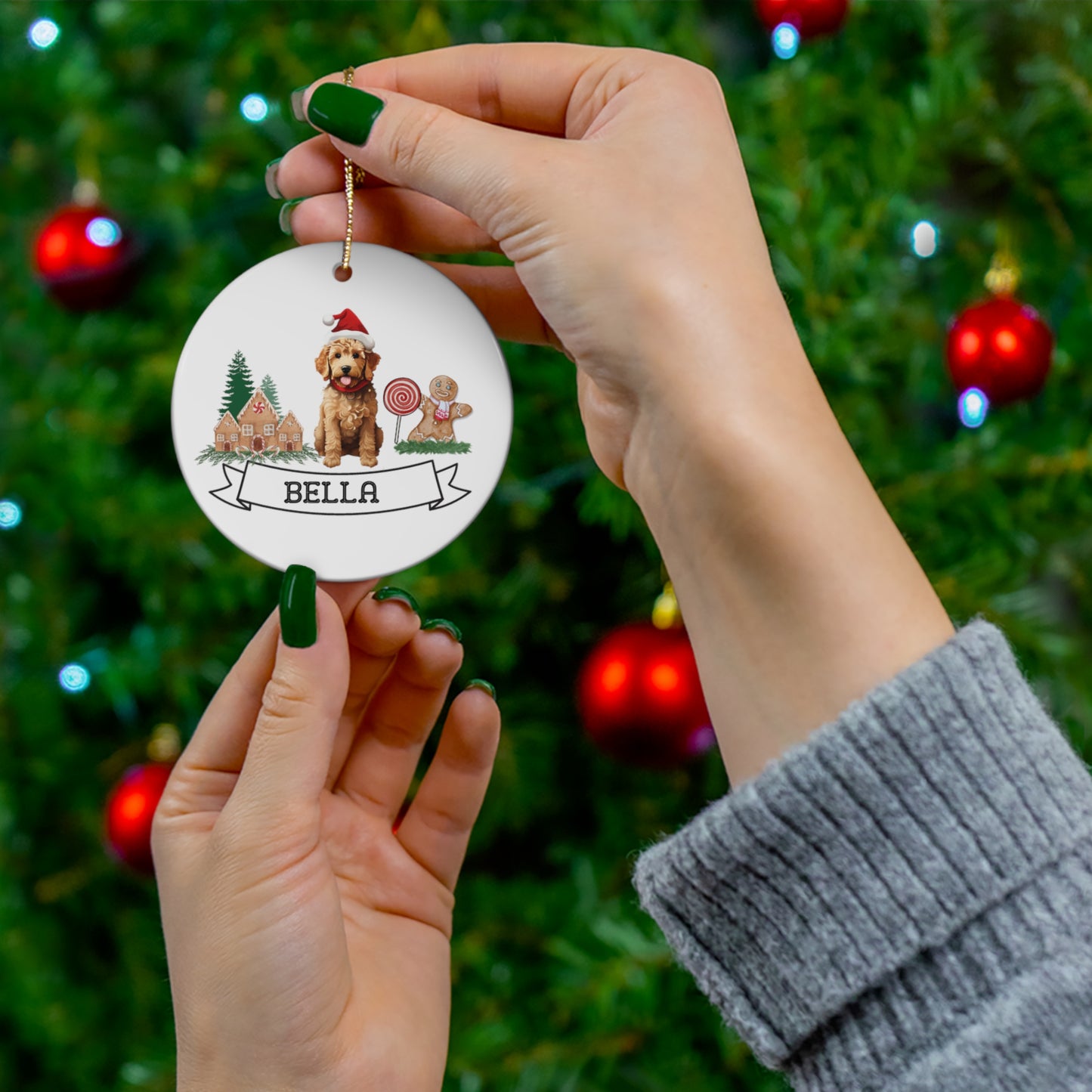 Gingerbread Goldendoodle Custom Name Ceramic Christmas Ornament - Personalized Christmas Gift Candy Cane