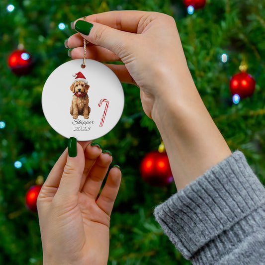 Santa Dog candy cane Goldendoodle personalized ornament with name and year